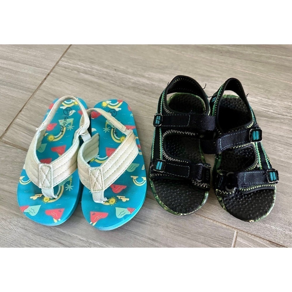 Cat & Jack Wonder‎ Nation Sandals Kids 9-10 Blue Black Good Bundle Strappy Flip